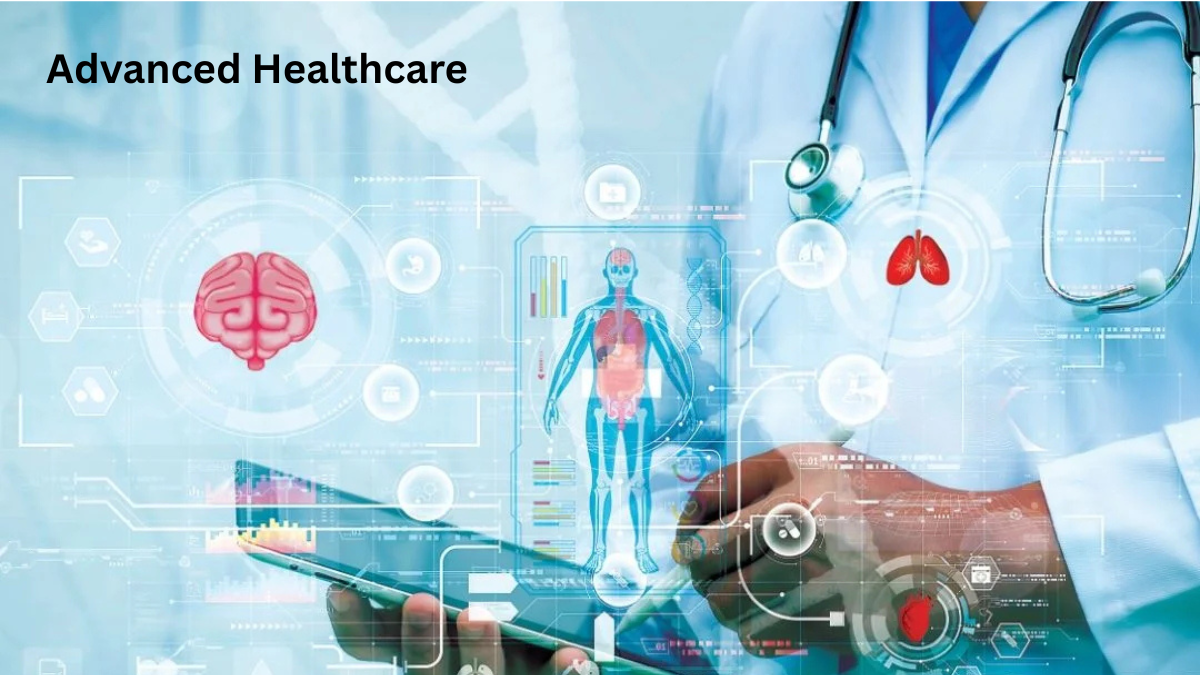 Doctor using digital medical technology interface showing human body scan, brain, lungs, and organs for advanced healthcare diagnostics.