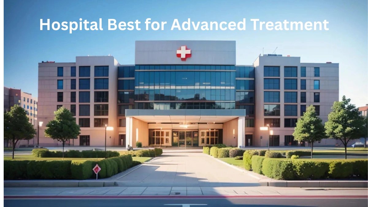 Modern multi-specialty hospital building with glass façade and landscaped entrance, representing advanced medical treatment facilities.
