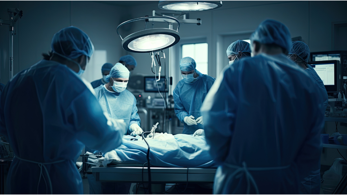 A team of surgeons performing a major operation in a modern, well-equipped surgical room under bright operating lights.